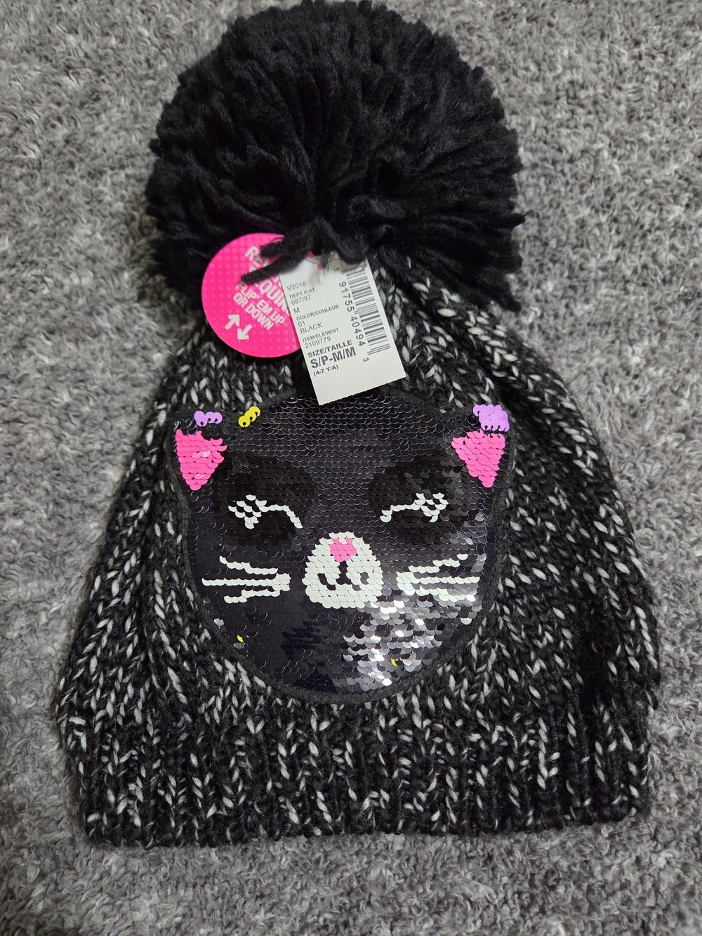 The Children's Place Black & Pink Cat Sequin Pom Beanie